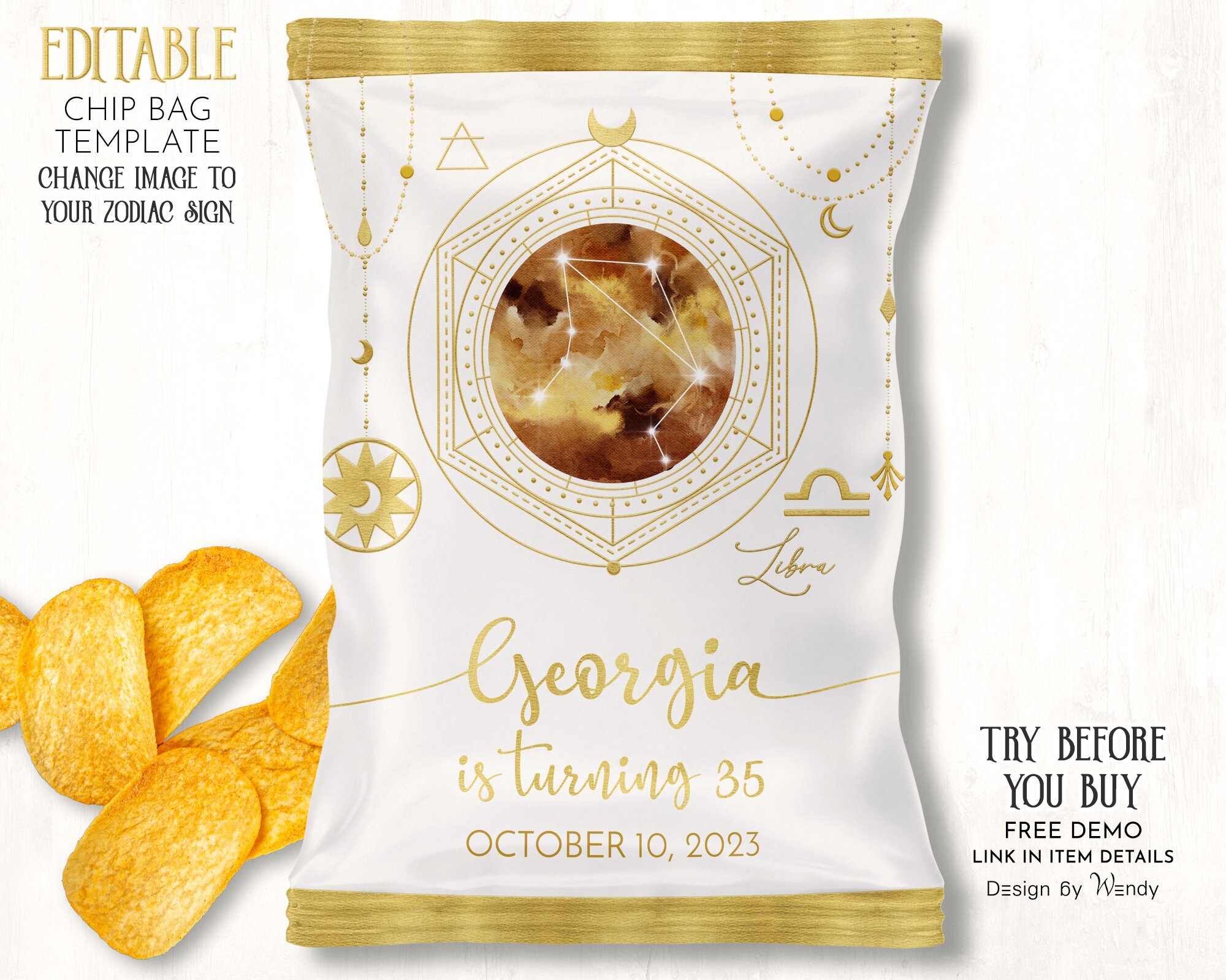 Editable Zodiac Signs Chip Bag Template. Gold Esoteric Etsy México