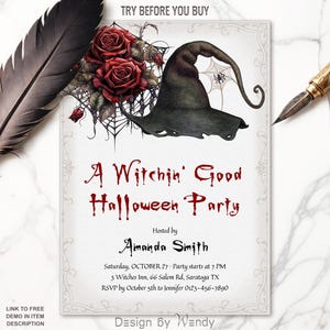 Editable Halloween Party Invite. Witch Hat and Roses, Adult Halloween Party Invitation Template H07