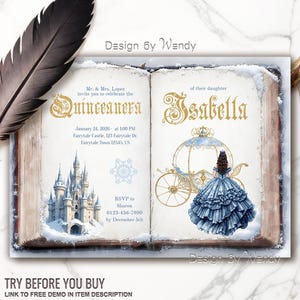 Winter Fairytale Book Invitation Template. Winter Princess Quinceanera Sweet 16 Celebration Editable Invite. Snowy Castle & Carriage F09