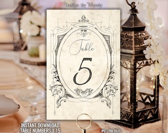 Printable Victorian Table Numbers Inspired by Jane Austen Novels. Instant Download Retro Table Numbers, Antique Frame G08