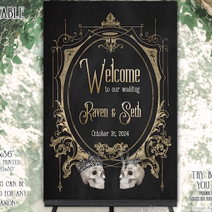 Gothic Wedding Sign Template with Skull King and Queen. Welcome Poster Digital Template. Halloween Wedding Party Signage G44