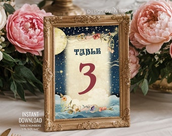 Números de mesa Art Nouveau, flores vintage y cielo estrellado. Descarga instantánea de números de mesa de boda retro 1-15, listo para imprimir V05