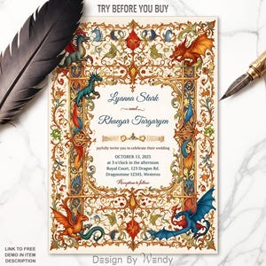 Editable Medieval Wedding Invitation with Dragons and Fantastic Beasts. Illuminated Manuscript Wedding Invite Template F04