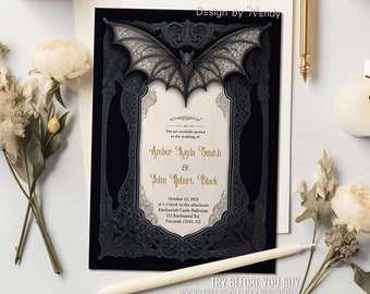 Editable Gothic Wedding Invitation with Bat. Dark Halloween Wedding Invitation Template with Gothic Frame and Bat G54