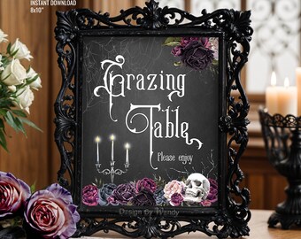 Gothic Hochzeit Buffet Schild. Sofortiger Download Grazing Tischschild. Halloween Hochzeit Party Printable Essen Schild mit Totenkopf und Rosen G06