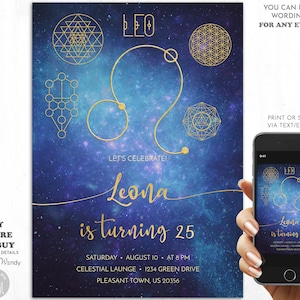 Leo Birthday Invitation, Editable Zodiac Invitation Template. Gold Leo Galaxy Birthday Evite, Edit Yourself Any Age Any Occasion B05