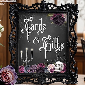 Gothic Cards & Gifts Sign With Roses and Skull. Gothic Wedding Party Decor Black Table Sign. Print Ready Instant Download Signage G06
