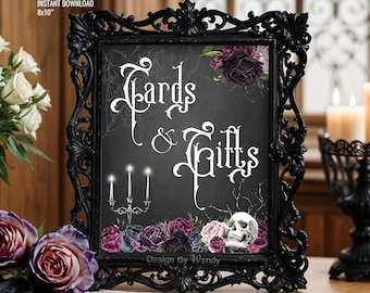 Gothic Cards & Geschenke Schild mit Rosen und Totenkopf. Gothic Hochzeit Party Dekor Schwarz Tischschild. Druckfertiger Sofort-Download Signage G06