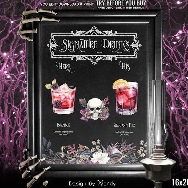 Gothic Wedding Editable Signature Drinks Sign. Macabre Signature Cocktails Sign Template. Moody Drinks Sign G32