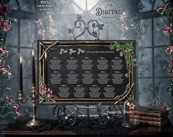 Dark Victorian Apothecary Seating Chart Template. Gothic Wedding Seating Plan, Moody Vintage Botanicals Foxglove G09