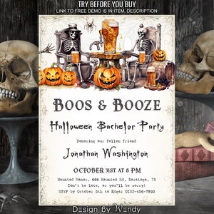 Halloween Party Invitation, Boos & Booze. Editable Halloween Bachelor Party Invite, Skeletons And Beer H09