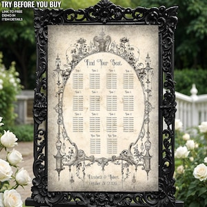 Elegant Victorian Wedding Seating Chart. Vintage Gothic Dinner Seating Plan Template. Editable Seating Chart with Victorian Frame G02