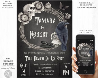 Editable Halloween Wedding Invitation Template, Till Death Do Us Part. Skull, Raven and Thorns Black Invitation Template G25