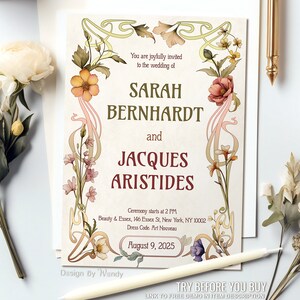 Editable Art Nouveau Wedding Invitation with Floral Frame, Alphonse Mucha Style. Vintage Wedding Invite Template with Photo Back Side V05