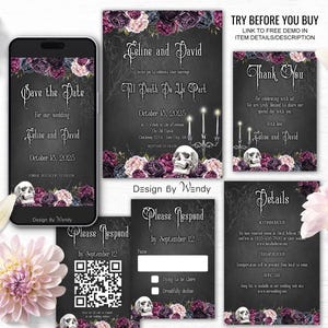 Skull and Roses Gothic Wedding Invitation Set Template. Till Death Do Us Part. Purple & Black Editable Gothic Wedding Invitation Suite G06