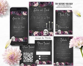 Skull and Roses Gothic Wedding Invitation Set Template. Till Death Do Us Part. Purple & Black Editable Gothic Wedding Invitation Suite G06