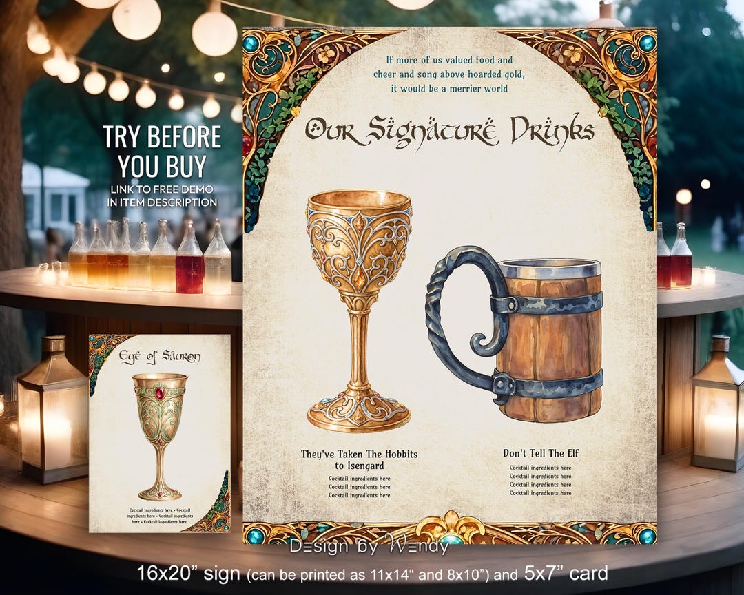 Fantasy Signature Fantasy Wedding Signature Drink Sign + Cocktail Card Template. Elven ...