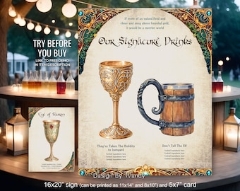 Fantasy Wedding Signature Drink Sign + Cocktail Card Template. Elven Geek Wedding Editable Signature Cocktails Sign, Bar Menu Sign F02