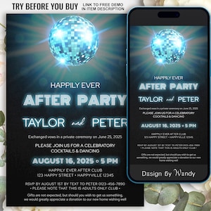 Elopement After Party Invitation Template. Electronic Happily Ever After Party Invitation, Disco Ball. Editable Elopement Party Invite SG09