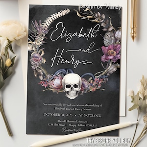 Editable Dark Romantic Wedding Invitation. Gothic Wedding Invitation Template with Snake, Skull and Bones Wreath. Goth Wedding Invite G32