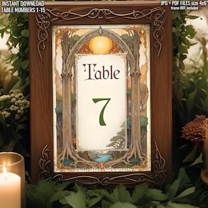 Elven Fantasy Wedding Table Numbers. Instant Download Geek Wedding Handfasting Reception Table Numbers 1-15, Art Nouveau Fantasy Style F03