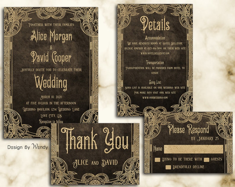 Victorian wedding invitation gold and brown printable
