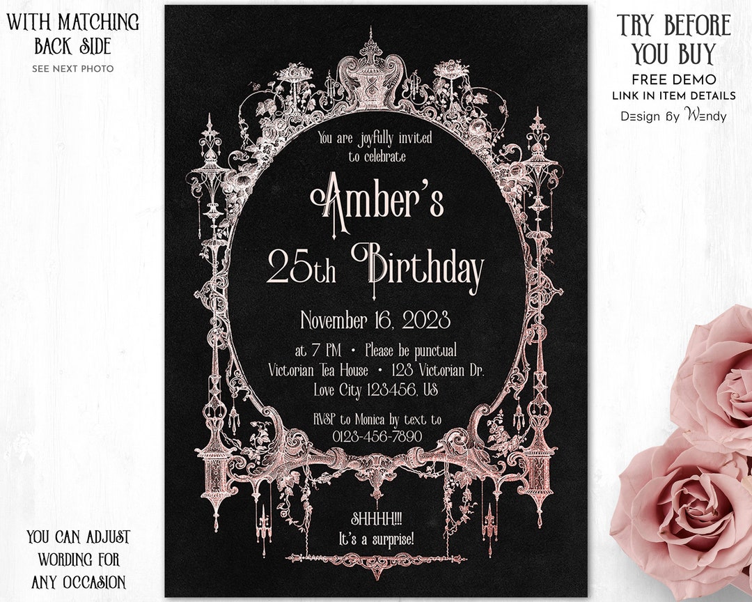 Editable Birthday Invitation Template. Rose Gold and Black Victorian