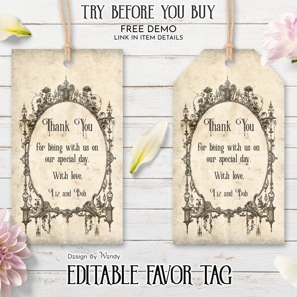 Victorian Wedding Favor Tag Template. Printable Vintage Wedding Favor Tags. Editable Gothic Wedding Victorian Frame Thank You Tags G02