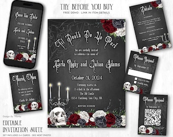 Editable Gothic Wedding Invitation Set Template. Till Death Do Us Part Wedding Invitation Suite. Macabre Skull & Roses G22