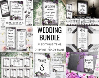 Steampunk Wedding Bundle. Gothic Wedding Templates Bundle. Wedding Invitation Suite, Signs, Menu, Program, Seating Chart, Table Numbers G12