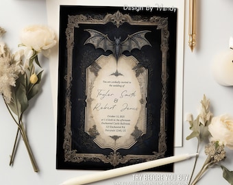 Till Death Do Us Part Wedding Invitation, Gothic Bat Wedding Invite Template, Victorian Macabre Stationery, Dark Romanticism, Editable G54