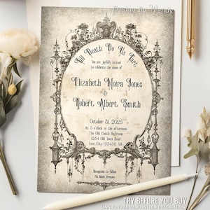 Victorian Gothic Wedding Invitation, Till Death Do Us Part. Vintage Wedding Invitation Frame on Aged Paper Texture Editable Template G02