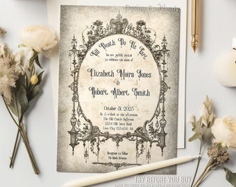 Victorian Gothic Wedding Invitation, Till Death Do Us Part. Vintage Frame on Aged Paper. Editable Template G02