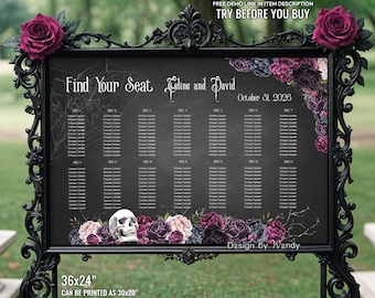 Gothic Wedding Seating Chart Template. Halloween Wedding Editable Seating Plan. Skull and Roses Wedding Signage, Find Your Seat G06