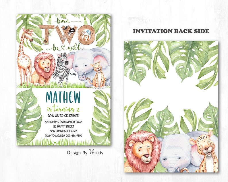 wild animals printable template digital BD006 Editable Born Two Be Wild birthday invitation Safari Party Animals birthday invite