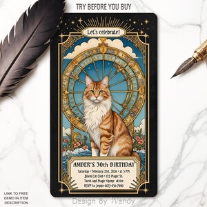Ginger Cat Invitation Template. Cat Tarot Editable Invitation. Orange Maine Coon Cat Art Nouveau Tarot Card Electronic Birthday Invite T01