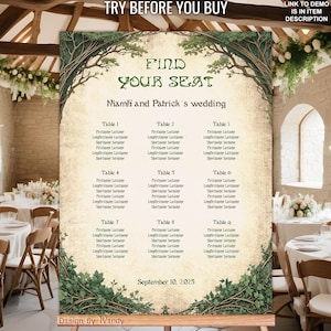 Może przedstawiać: Drukowany plan rozsadzenia gości na wesele w fantazyjnym stylu leśnym. Plan rozsadzenia zawiera zieloną ramkę i tekst "Find Your Seat" z imionami "Niamfi and Patrick's wedding". Plan rozsadzenia zawiera listę stołów od 1 do 9 z imionami gości.