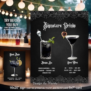 Dark Romantic Wedding Drinks Sign Template with Black Lace. Signature Cocktails Sign Template. Printable Bar Menu Sign G15