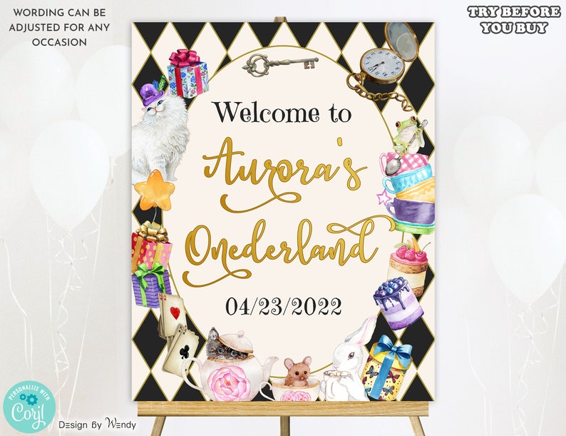 Gothic kids 1st birthday Mad Tea Party poster template Wonderland Mad Tea party BD001 Editable Alice in Onederland birthday welcome sign