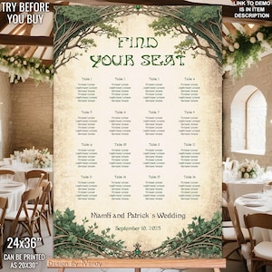 Könnte beinhalten: Ein Hochzeitssitzplan mit einem verspielten Waldthema. Der Plan ist auf Pergamentpapier mit einem grünen Rankenrand gedruckt. Der Text lautet "Find Your Seat" und listet die Tische mit den Namen der Gäste auf. Der Plan ist 61 cm x 91 cm groß und kann als 51 cm x 76 cm gedruckt werden.