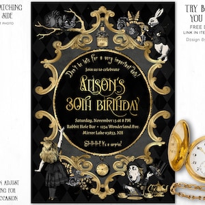 Alice in Wonderland Birthday Invitation, Editable Invitation Template. Black and Gold Birthday Invite. Teen Adult Alice Birthday Invite G45