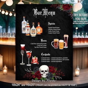 Puede incluir: Un menú de bar en una pizarra negra con una calavera y rosas rojas. El menú enumera licores, cervezas y cócteles. El texto "Prueba antes de comprar" está en la esquina superior derecha del menú. El menú mide 46x61 cm o 41x51 cm.