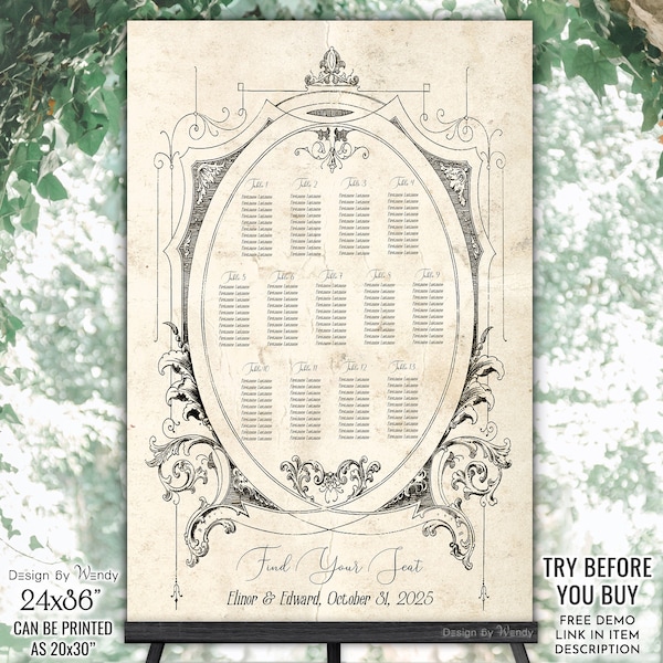 Editable Vintage Wedding Seating Chart Template. Victorian Wedding Dinner Seating Plan Inspired by Jane Austen G08