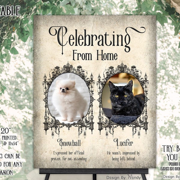 Editable Pets Mention Sign Template, Celebrating Wedding from Home. Victorian Wedding Editable Photo Sign. Pets Wedding Acknowledgement G02