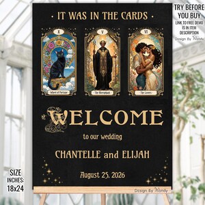 Editable Wedding Welcome Sign. It Was In The Cards, Tarot Spread for Love. Art Nouveau Engagement Party Sign Template with Tarot Cards T01
