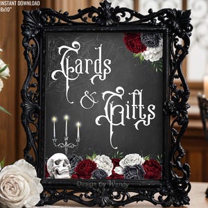Panneau gothique pour cartes et cadeaux de mariage, roses rouges et noires avec tête de mort. Enseigne de style gothique victorienne prête à être imprimée 20 x 10 po G22