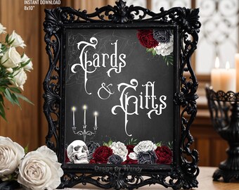 Gothic wedding Cards & Gifts sign, red and black roses with skull sign. Victorian style gothic print ready table sign 8x10" G22