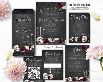 Gothic Wedding Editable Invitation Suite. Till Death Do Us Part. Red and Black Roses & Skull Halloween Invitation Set Template G22