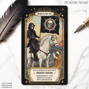 Tarot Card 30th Birthday Invitation Template. Death to The 20s. Art Nouveau Death Tarot Card Invite. Death of Her Youth Party Invitation T01