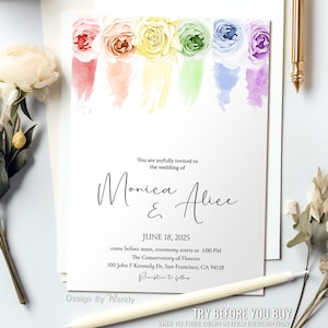 Rainbow Wedding Invitation Template, Rainbow Roses. Gay Lesbian Editable Wedding Invite with Matching Back Side Q01